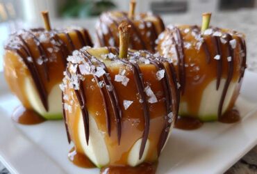 Four gourmet Caramel Apple Slices covered in thick caramel, drizzled with dark chocolate, and sprinkled with sea salt.