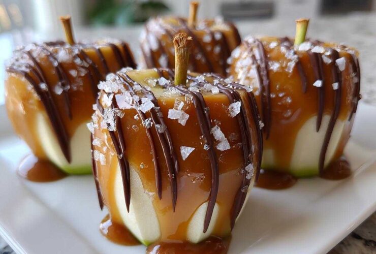 Four gourmet Caramel Apple Slices covered in thick caramel, drizzled with dark chocolate, and sprinkled with sea salt.