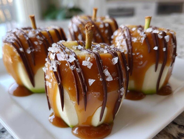 Four gourmet Caramel Apple Slices covered in thick caramel, drizzled with dark chocolate, and sprinkled with sea salt.