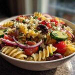 A close-up of a vibrant greek pasta salad featuring rotini pasta, cherry tomatoes, cucumbers, red onion, olives, and feta cheese.