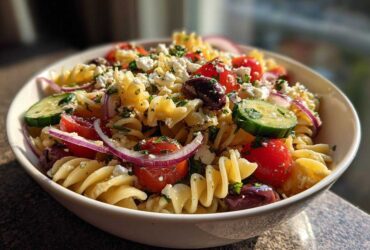 A close-up of a vibrant greek pasta salad featuring rotini pasta, cherry tomatoes, cucumbers, red onion, olives, and feta cheese.