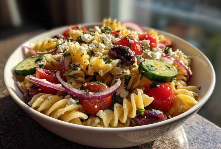 A close-up of a vibrant greek pasta salad featuring rotini pasta, cherry tomatoes, cucumbers, red onion, olives, and feta cheese.