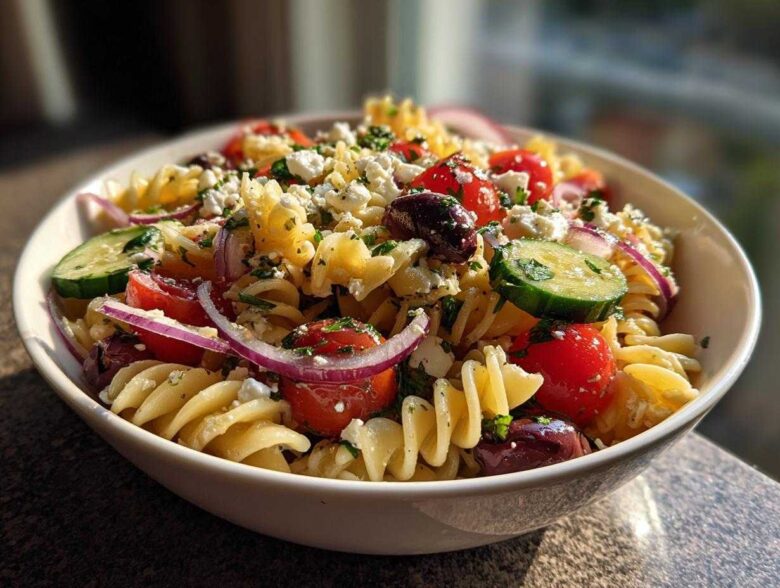 A close-up of a vibrant greek pasta salad featuring rotini pasta, cherry tomatoes, cucumbers, red onion, olives, and feta cheese.