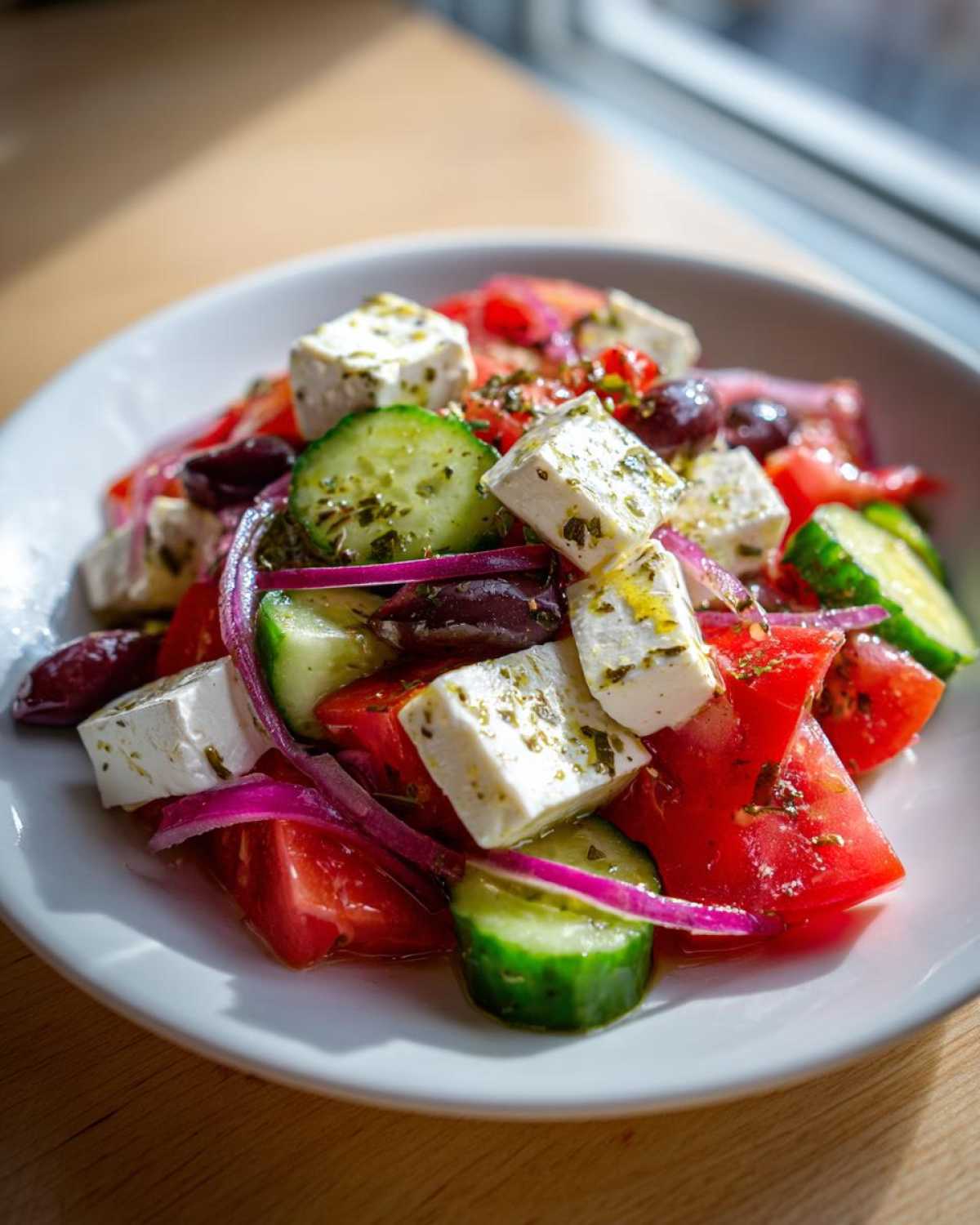 A vibrant close-up of a fresh Greek salad featuring large chunks of feta cheese, cucumber slices, tomatoes, and red onion.