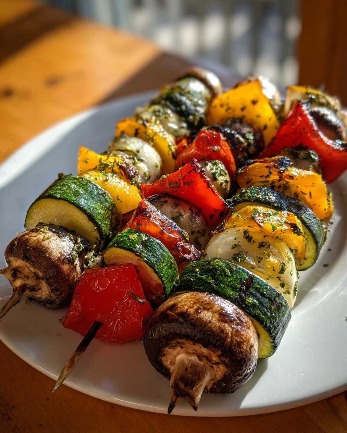 Close-up of two delicious grilled vegetable skewers featuring mushrooms, zucchini, peppers, and onions, seasoned with herbs.