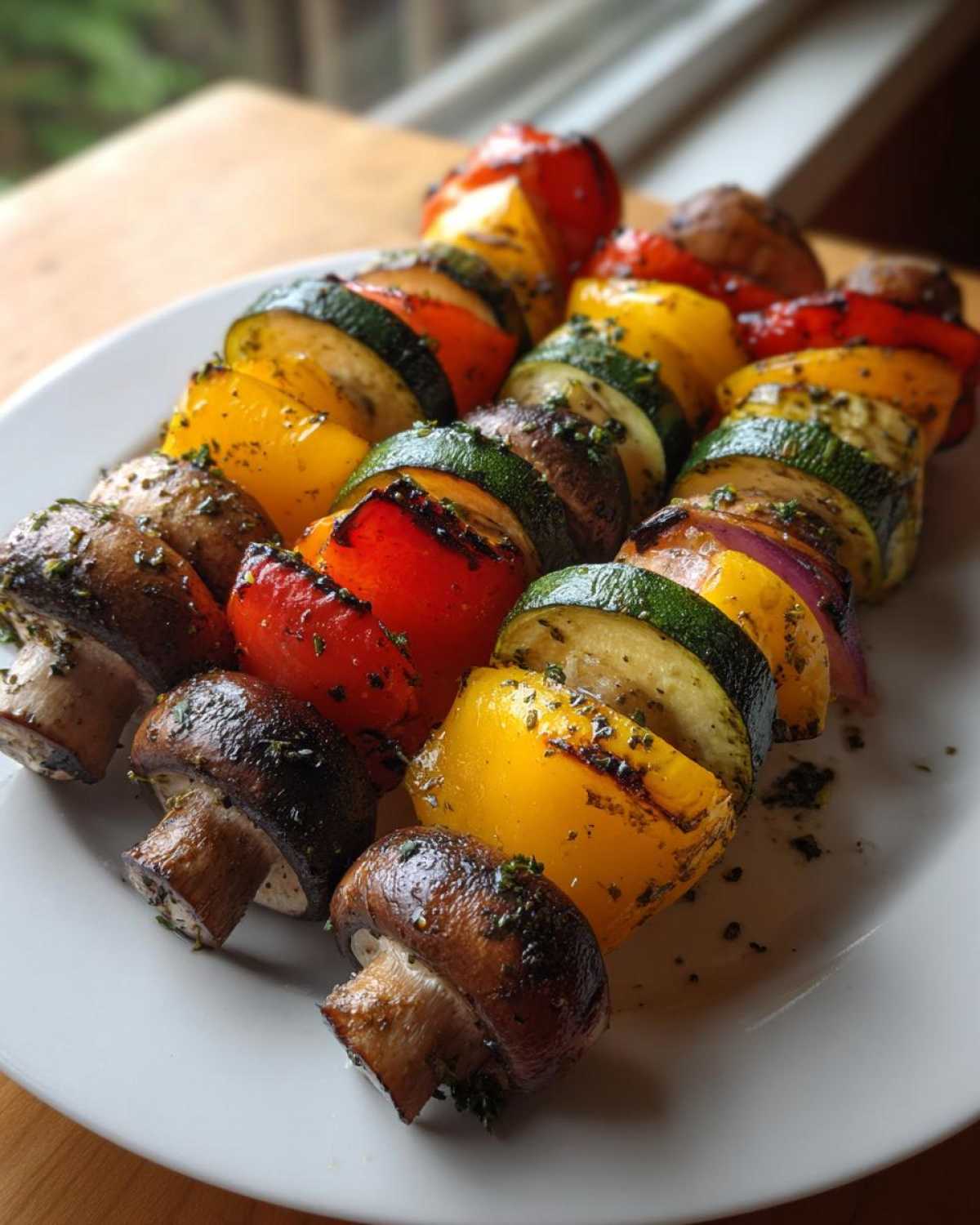 Three perfectly cooked grilled vegetable skewers featuring mushrooms, zucchini, bell peppers, and onions, seasoned with herbs.