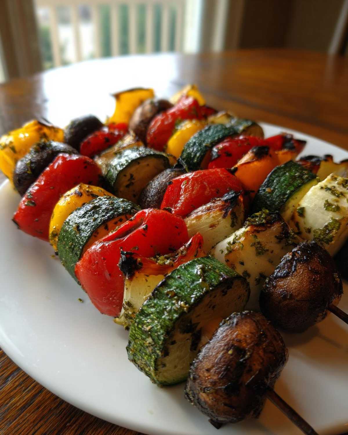 Close-up of several perfectly seasoned and charred grilled vegetable skewers featuring zucchini, peppers, onions, and mushrooms.