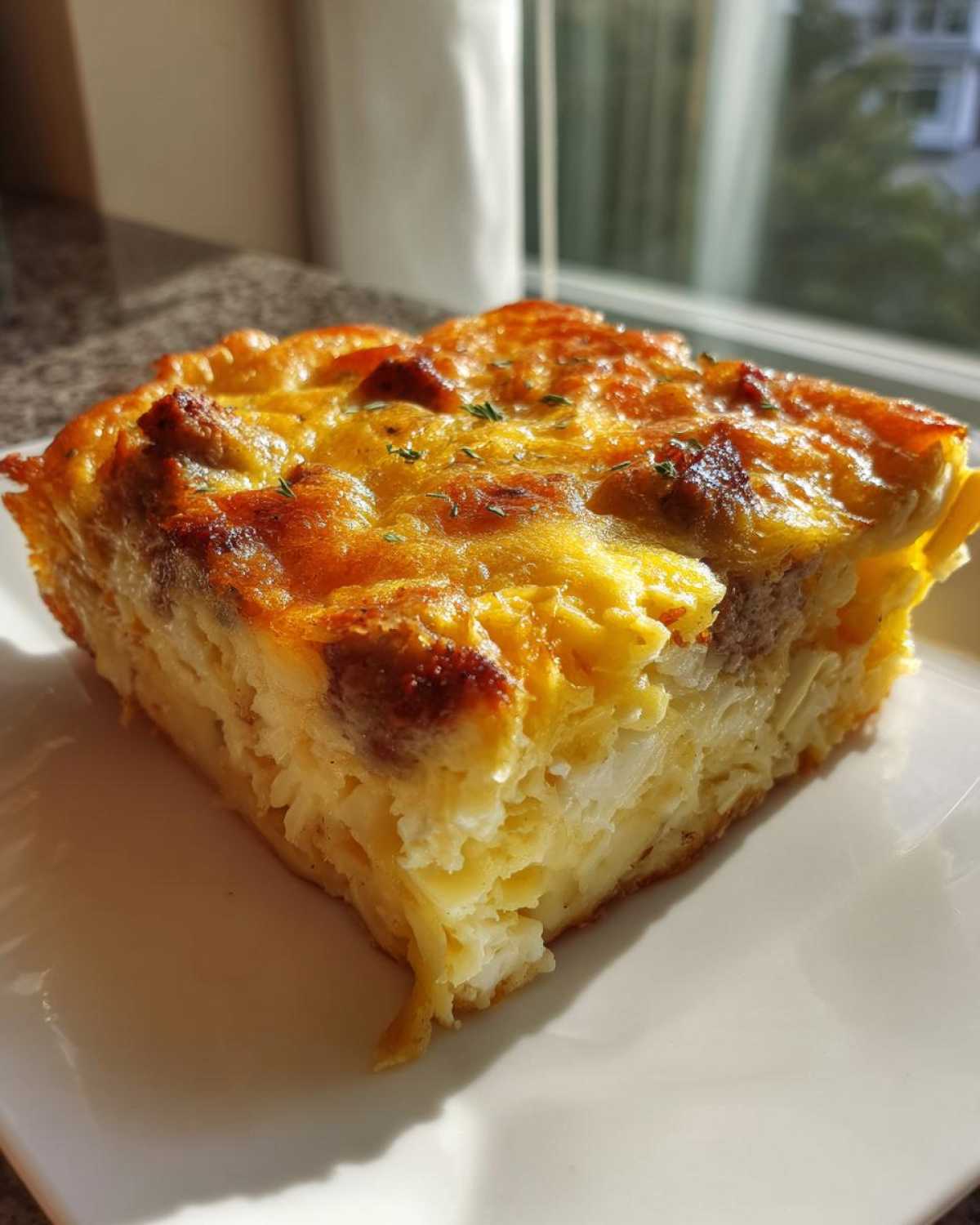 A golden-brown square slice of Hashbrown Breakfast Casserole with visible sausage pieces on a white plate.
