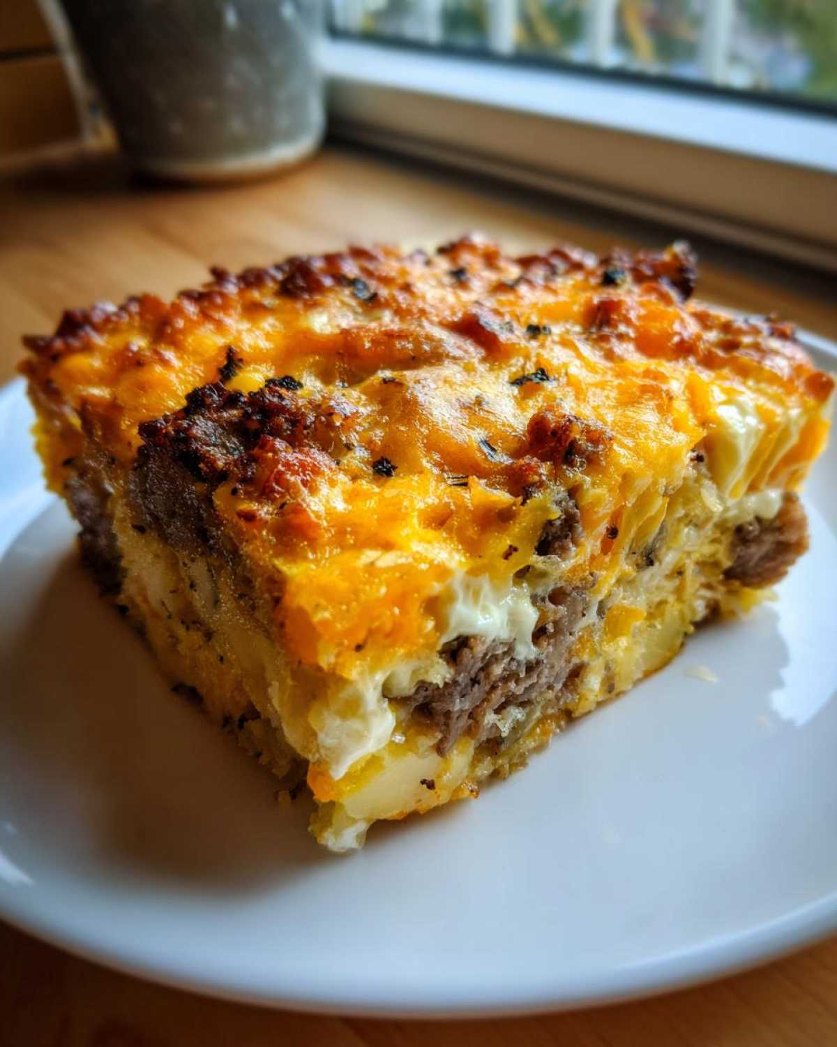 A hearty slice of Hashbrown Breakfast Casserole with layers of potatoes, sausage, and melted cheddar cheese topping.