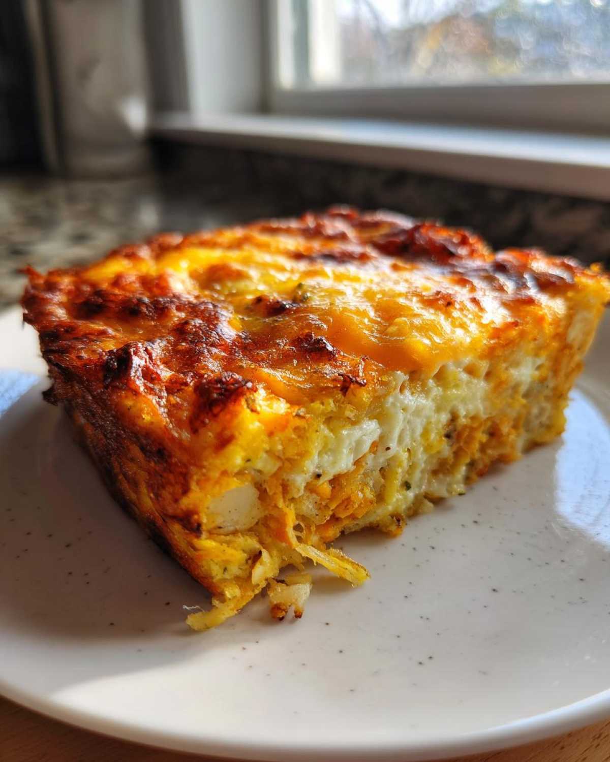 A close-up, sunlit slice of golden Hashbrown Breakfast Casserole with a cheesy, browned top, served on a white speckled plate.