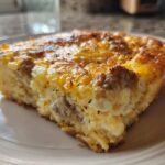 Close-up of a baked slice of Hashbrown Breakfast Casserole showing cheesy, golden top and sausage pieces.