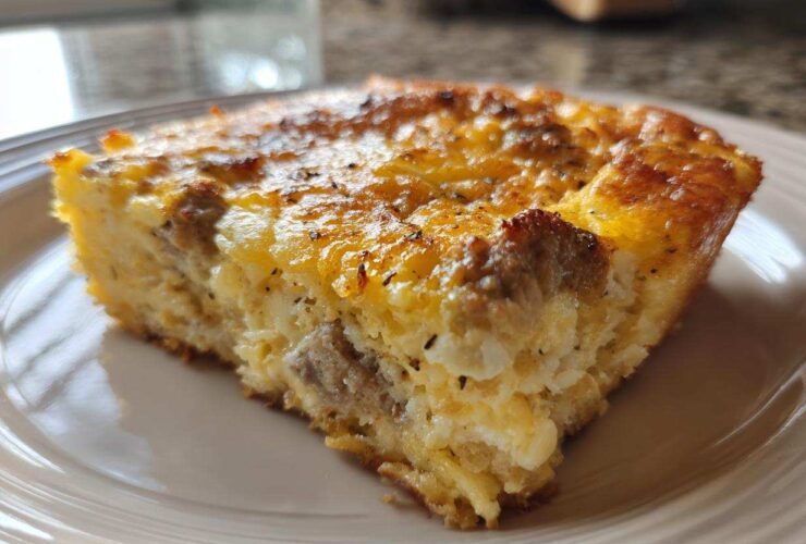 Close-up of a baked slice of Hashbrown Breakfast Casserole showing cheesy, golden top and sausage pieces.