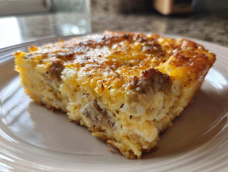 Close-up of a baked slice of Hashbrown Breakfast Casserole showing cheesy, golden top and sausage pieces.