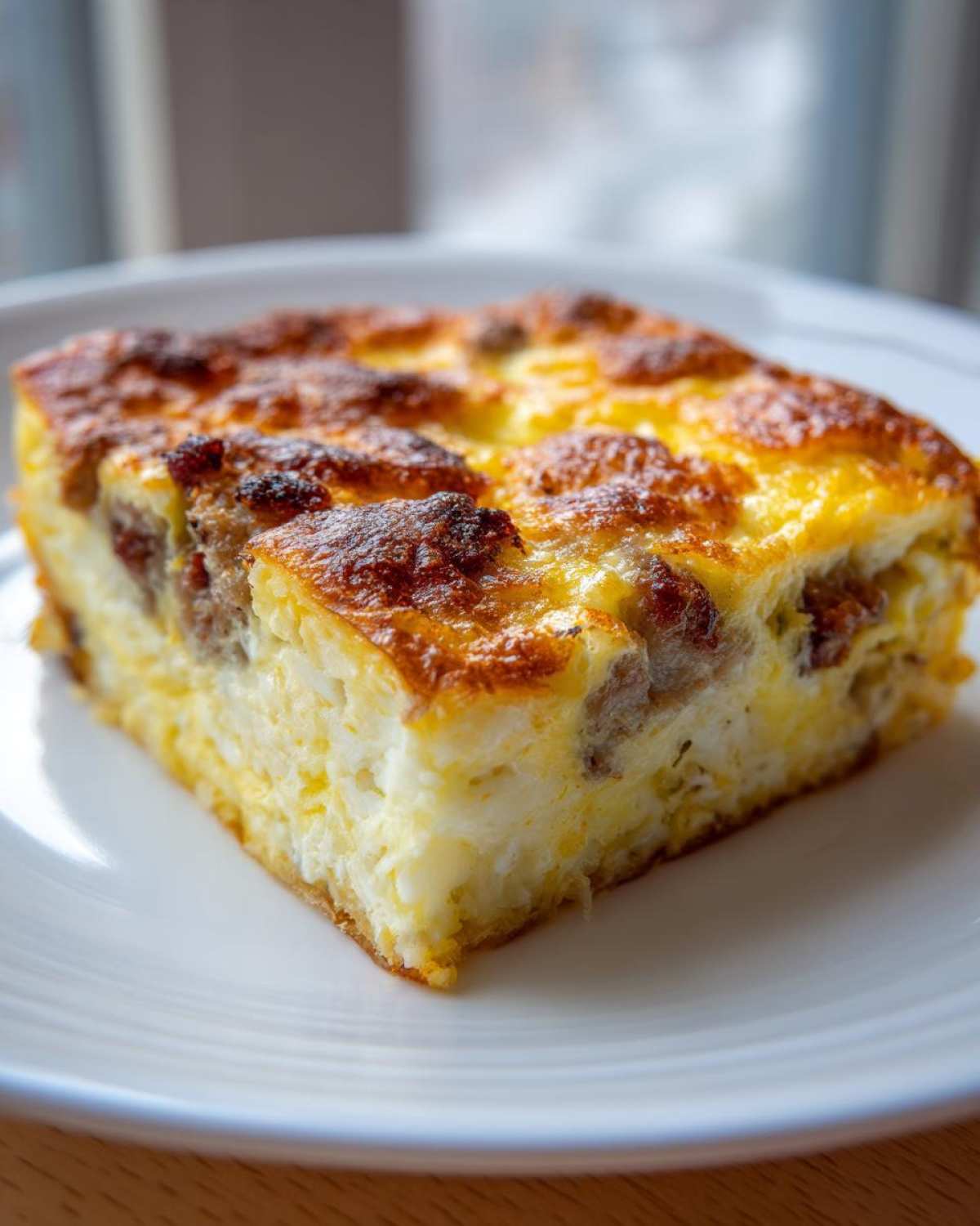 A square slice of baked Hashbrown Breakfast Casserole with a golden-brown, cheesy top and visible sausage pieces.