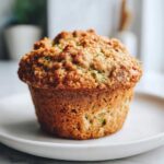 Close-up of a single, golden-brown Healthy Apple Zucchini Muffins with a crumbly top.