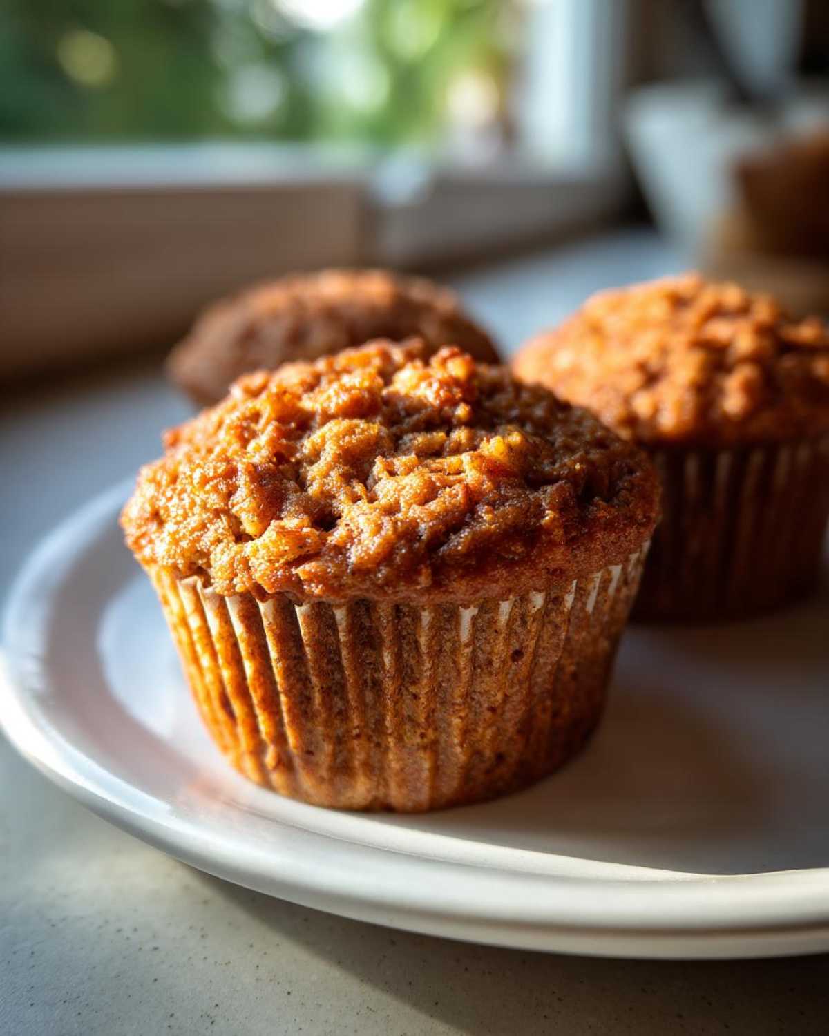 Close-up of three golden brown Healthy Apple Zucchini Muffins sitting on a white plate, beautifully lit by natural sunlight.