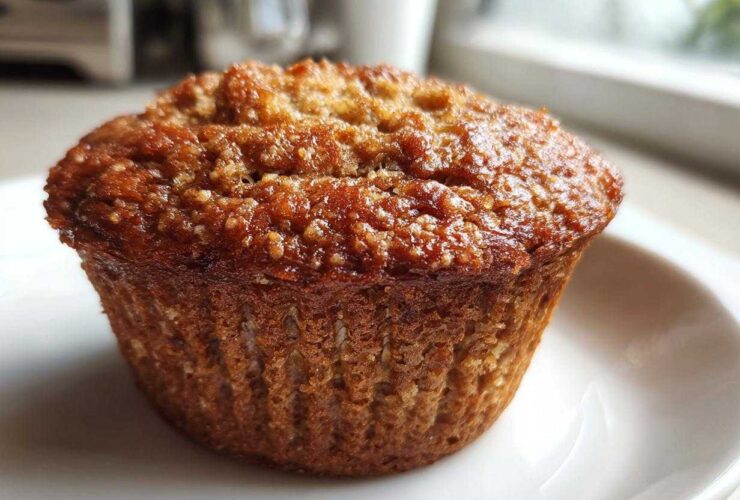 Close-up of a single, golden-brown Healthy Apple Zucchini Muffins with a slightly textured, glistening top.