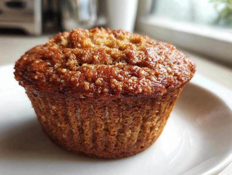 Close-up of a single, golden-brown Healthy Apple Zucchini Muffins with a slightly textured, glistening top.