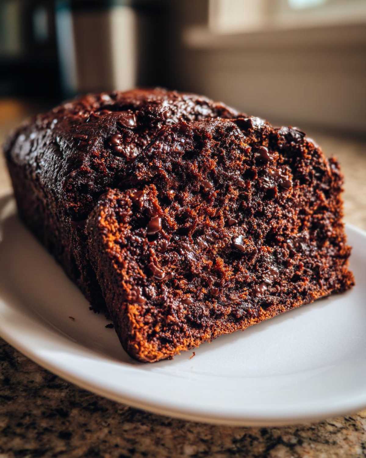 A close-up of a dark, moist slice of Healthy Chocolate Zucchini Bread on a white plate.