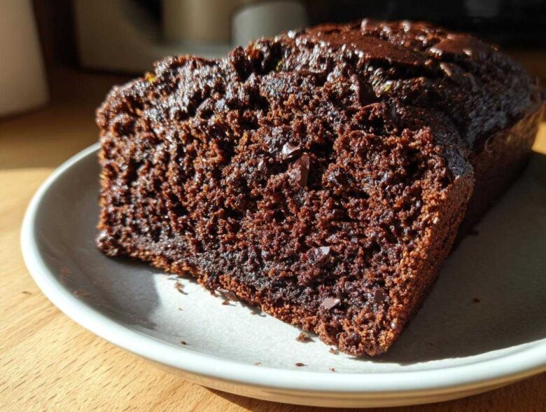 A moist, dark slice of Healthy Chocolate Zucchini Bread with visible chocolate chips on a light plate.