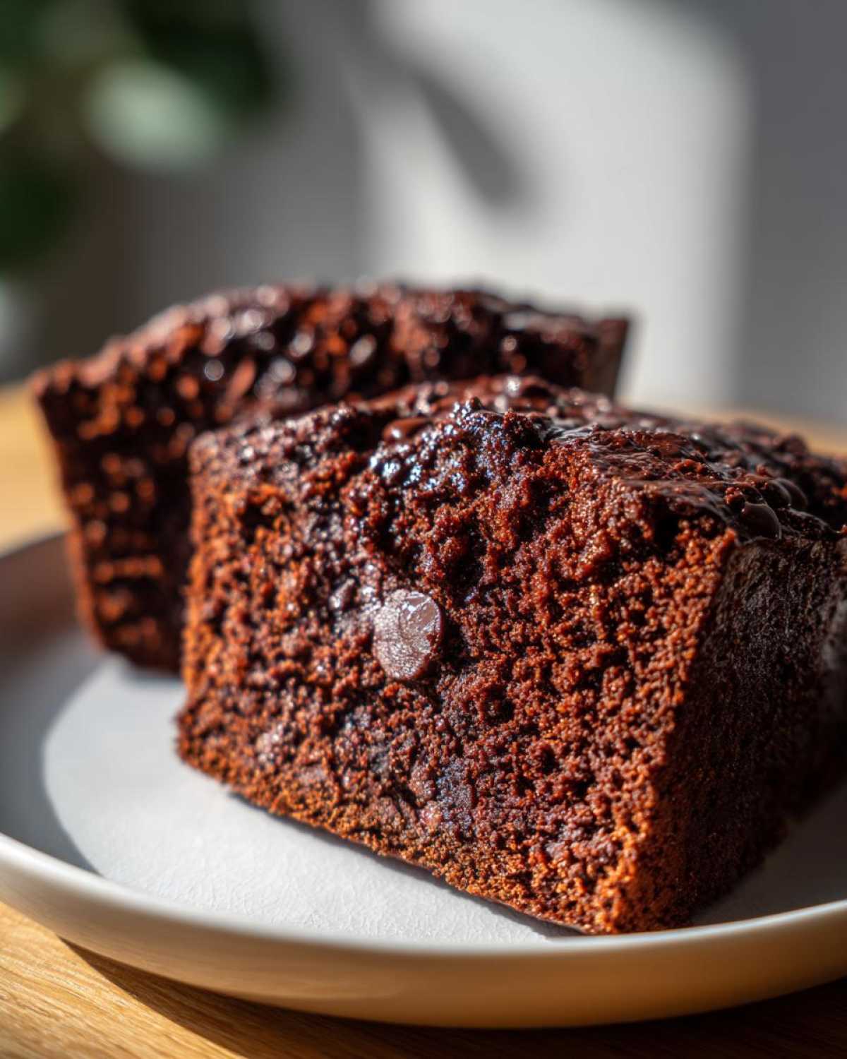 Close-up of two moist slices of Healthy Chocolate Zucchini Bread on a white plate.