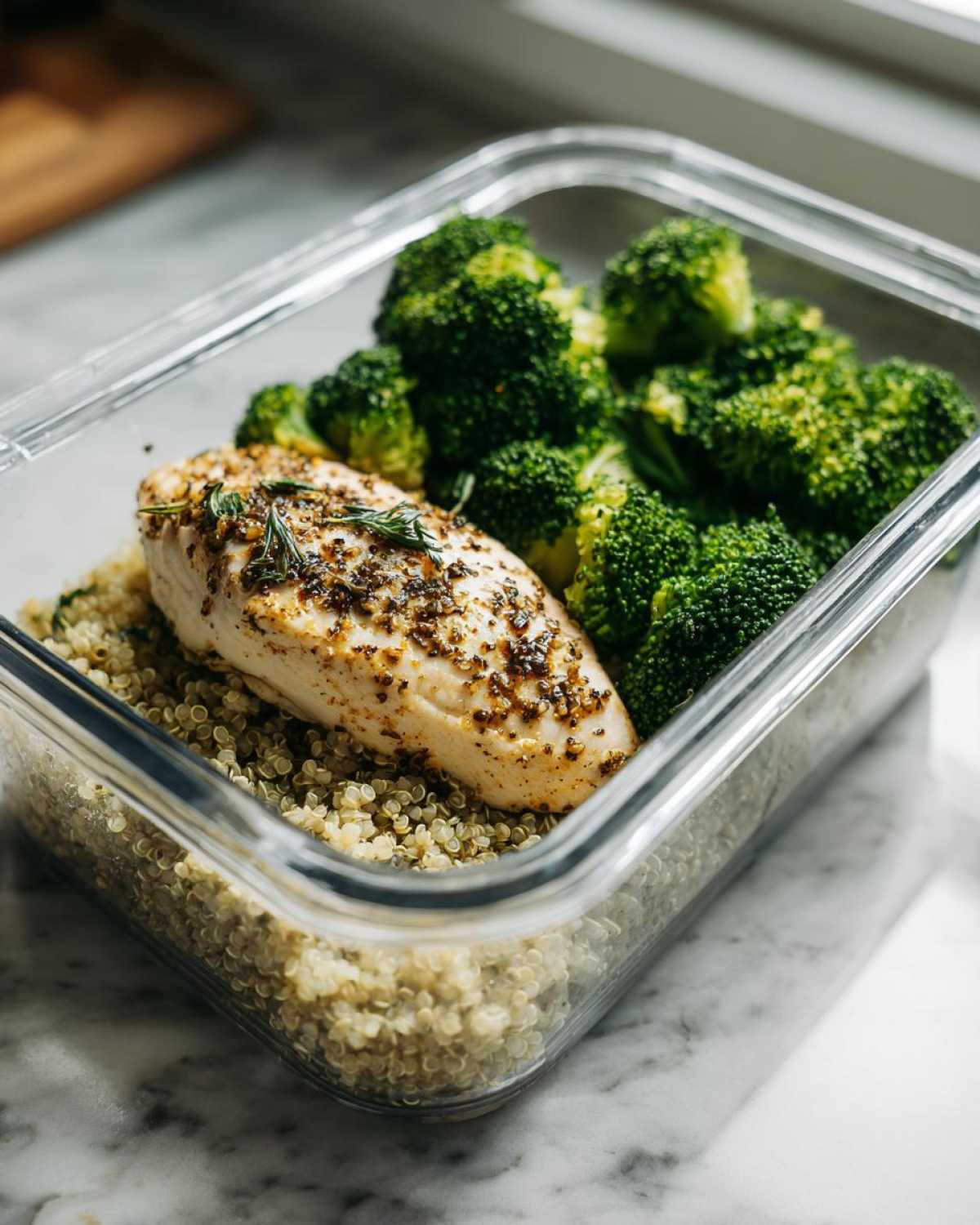 A healthy meal prep container with seasoned chicken breast, quinoa, and steamed broccoli, illustrating how you’re eating healthy wrong for busy.