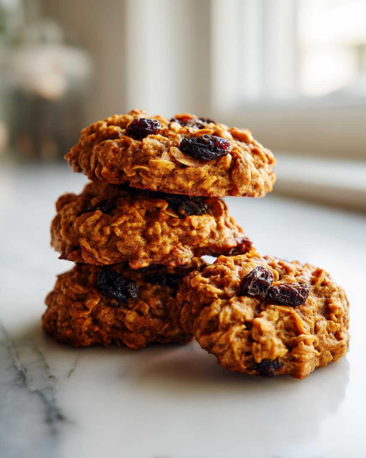 A stack of four delicious oatmeal raisin cookies, featuring visible oats and plump raisins, sitting on a white marble surface.