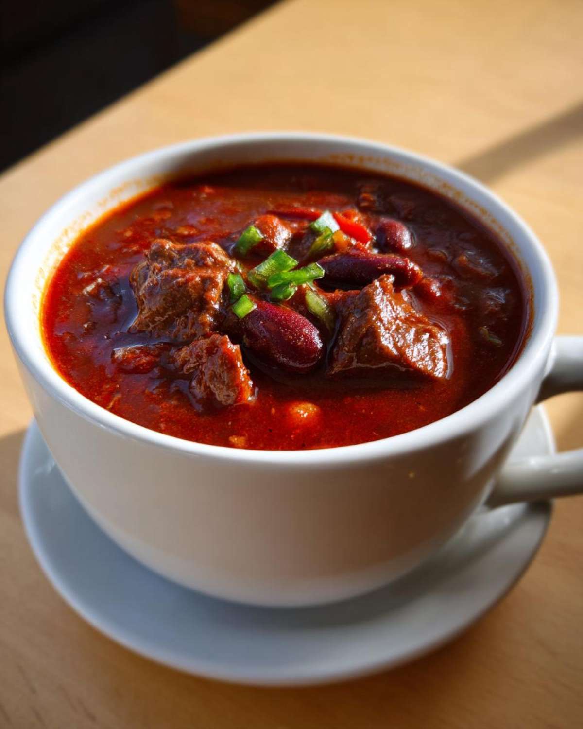 Close-up of a steaming bowl of rich, dark red beef chili, garnished with kidney beans and green onions.