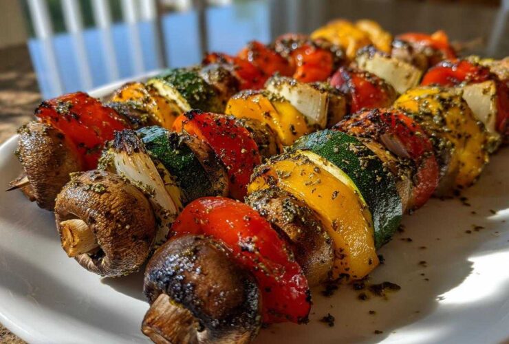 Close-up of several perfectly cooked, herb-marinated grilled vegetable skewers featuring mushrooms, peppers, zucchini, and onions.
