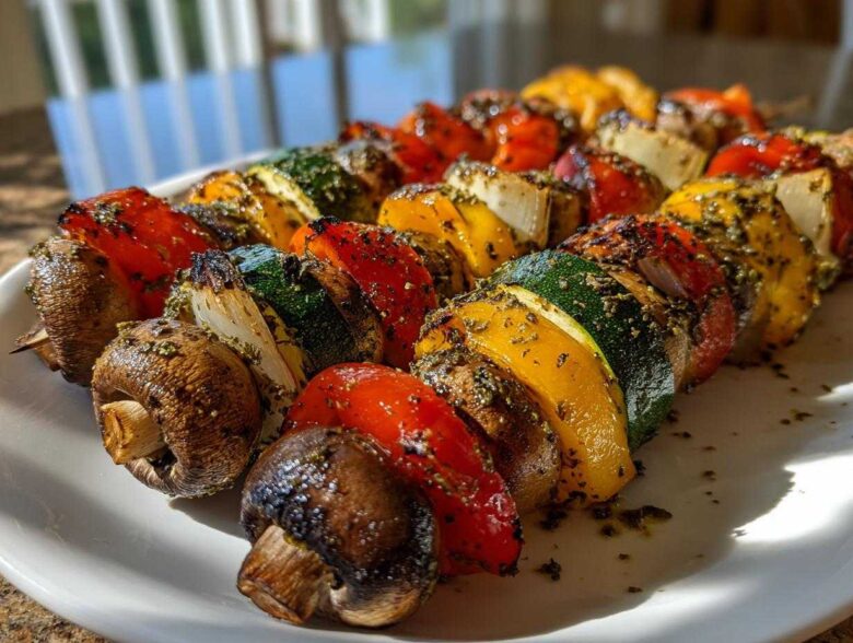 Close-up of several perfectly cooked, herb-marinated grilled vegetable skewers featuring mushrooms, peppers, zucchini, and onions.