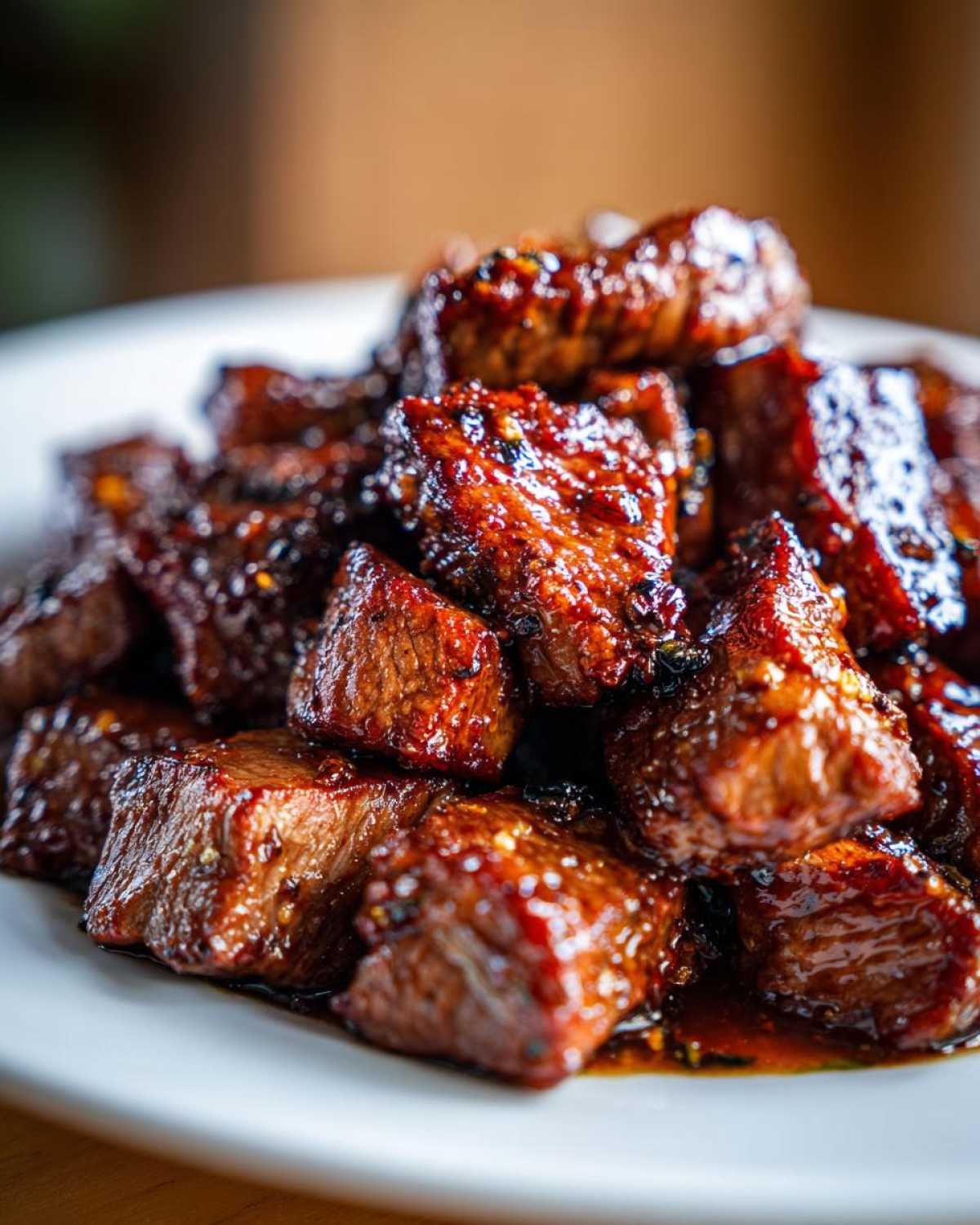 Close-up of tender, cubed hibachi steak bites coated in a rich, glossy, dark sauce.