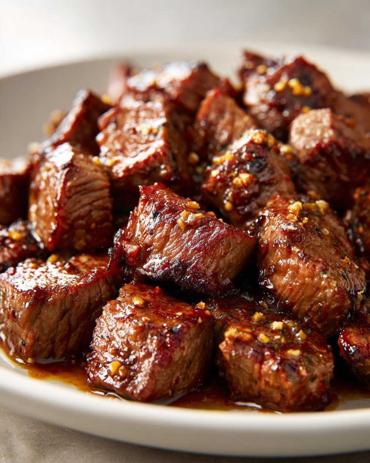 Close-up of juicy, seared cubes of hibachi steak coated in a savory, glossy sauce with visible minced garlic.