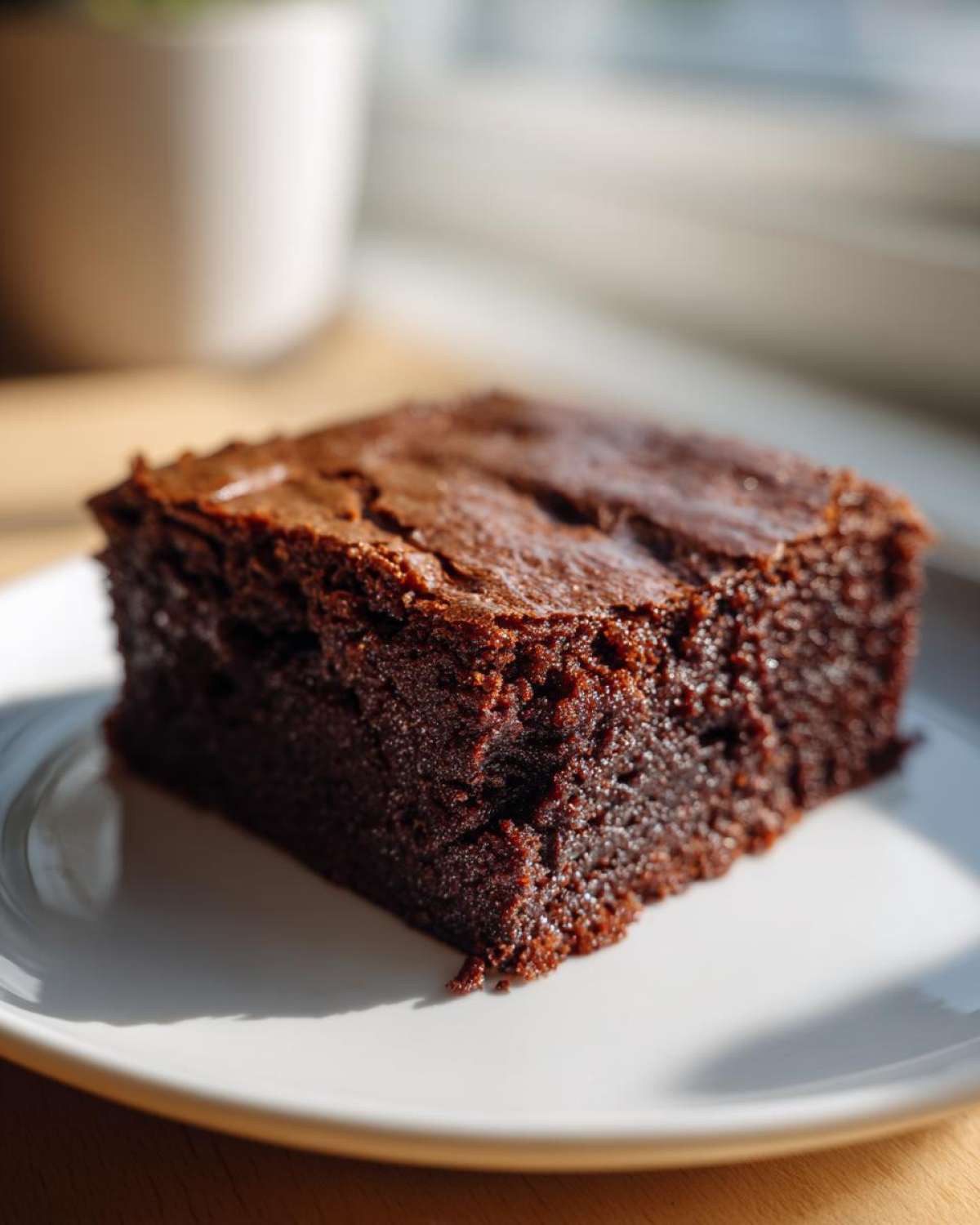 A close-up of a rich, fudgy slice of homemade 4 ingredient cottage cheese brownies on a white plate.