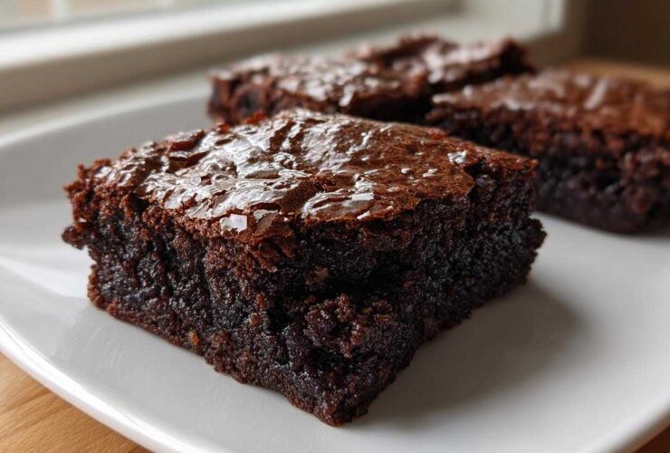 A close-up of a rich, fudgy square of homemade 4 ingredient cottage cheese brownies on a white plate.
