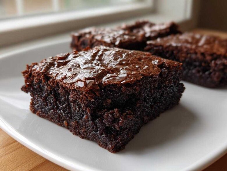 A close-up of a rich, fudgy square of homemade 4 ingredient cottage cheese brownies on a white plate.
