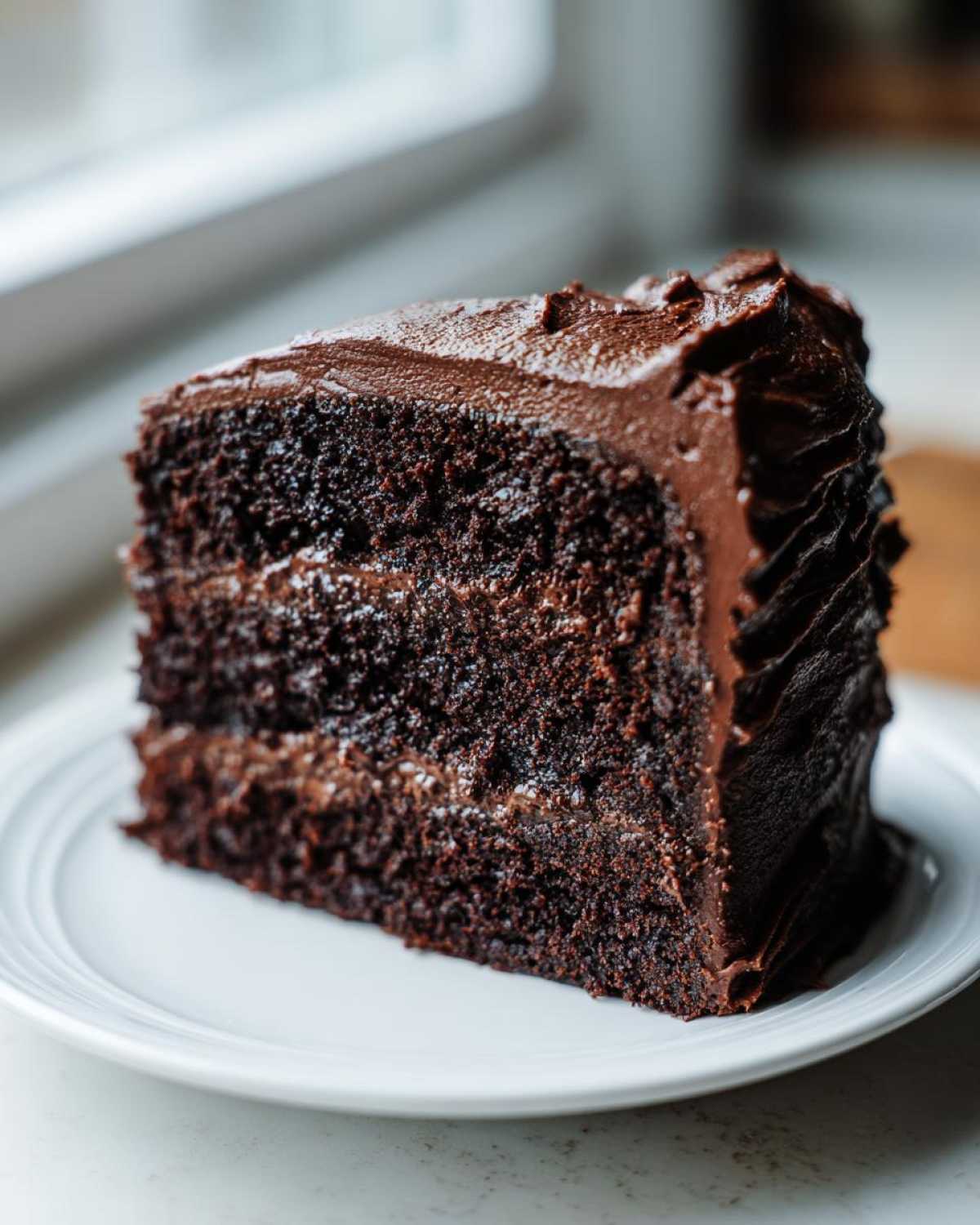 Close-up of a rich, moist slice of homemade chocolate cake with thick dark chocolate frosting layers.