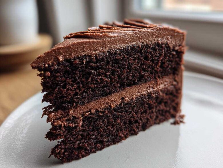 Close-up of a rich, dark slice of homemade chocolate cake layered with smooth chocolate frosting.