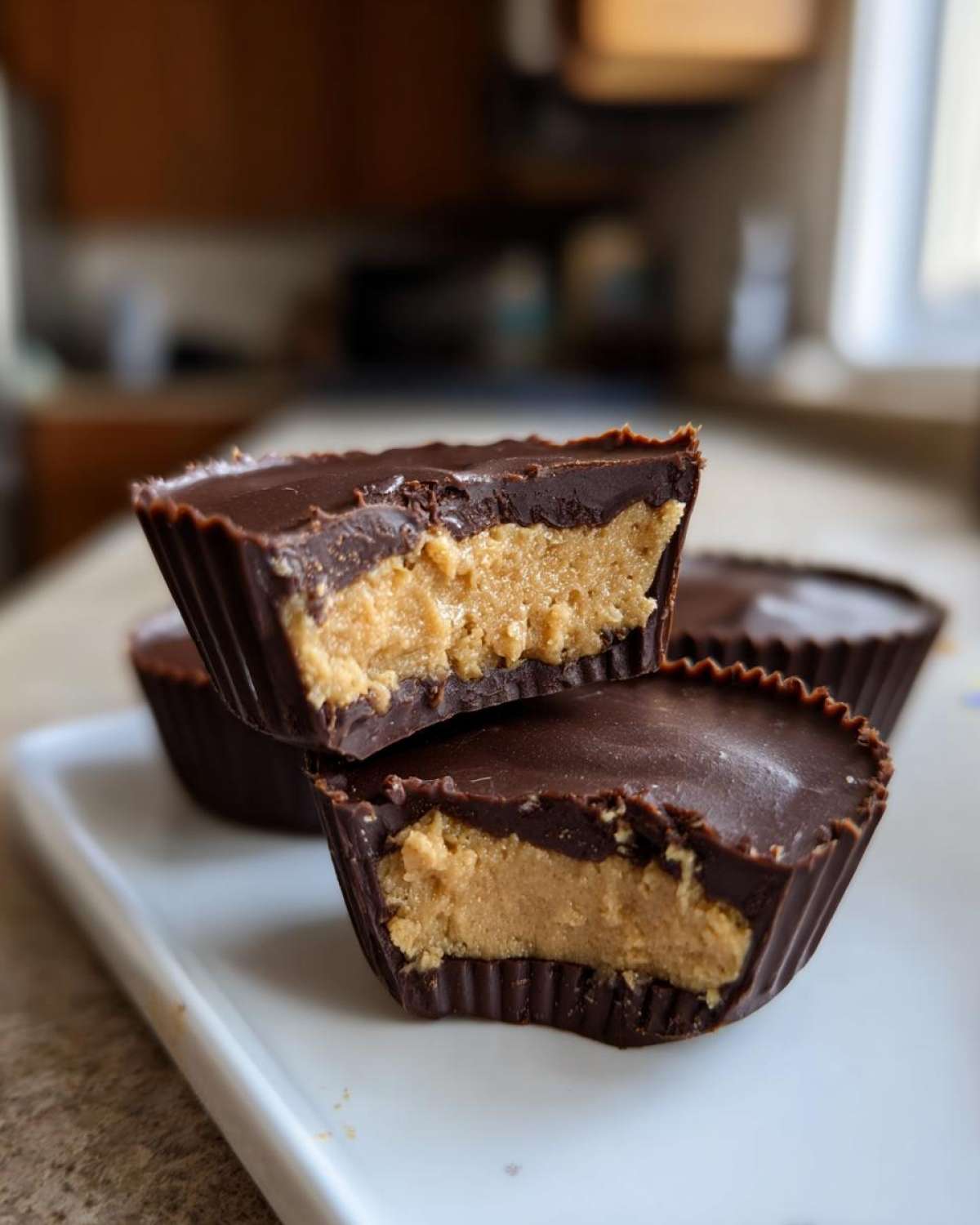 Close-up of homemade peanut butter cups cut in half, showing the thick peanut butter filling inside the chocolate shell.