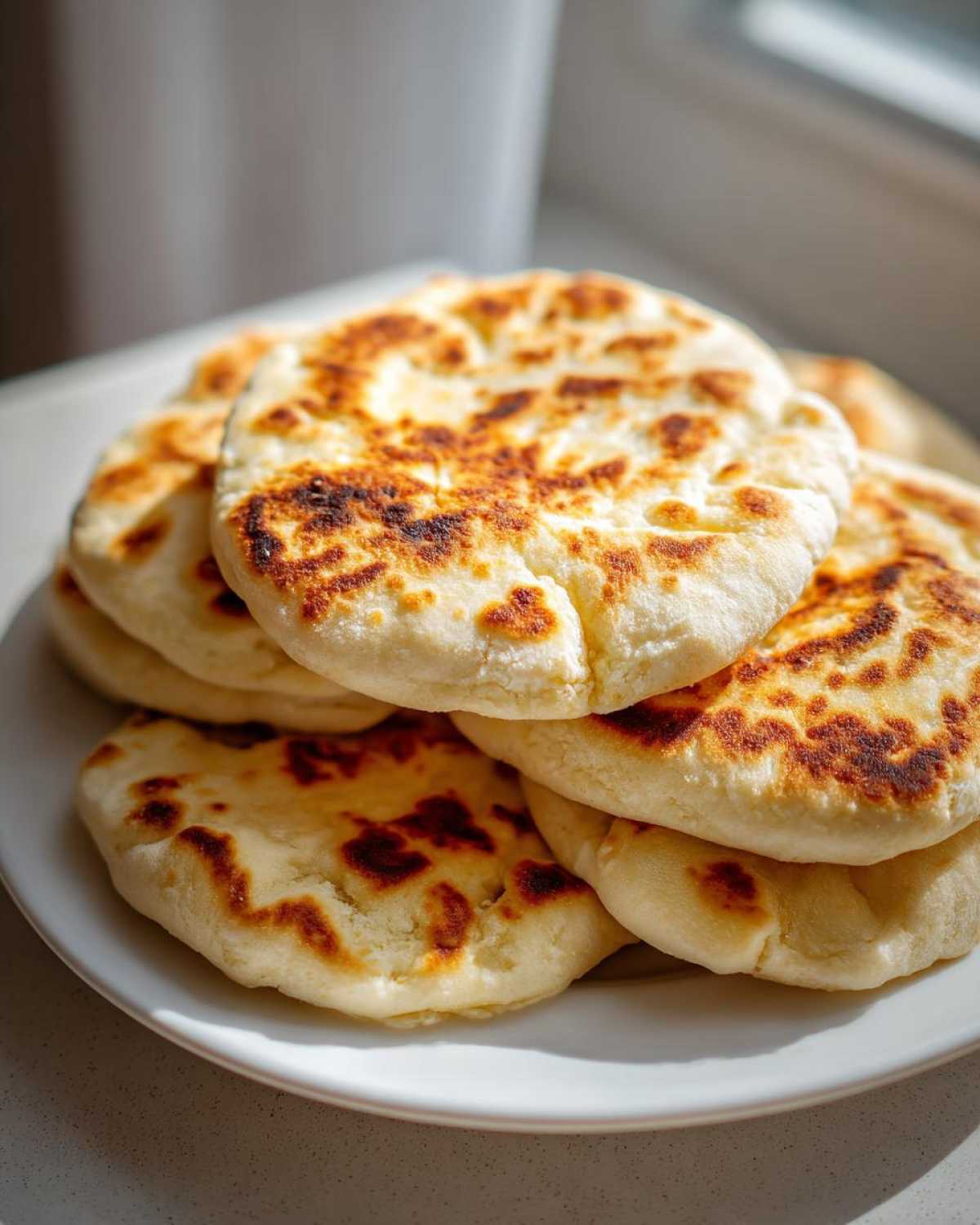 A stack of freshly cooked, golden-brown pita bread puffs resting on a white plate.