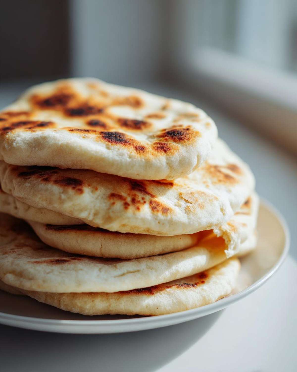 A stack of five freshly made, slightly charred pita bread rounds resting on a white plate.