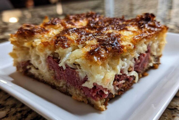A thick, square slice of homemade Reuben bake featuring layers of corned beef, sauerkraut, and a deeply browned, cheesy topping.