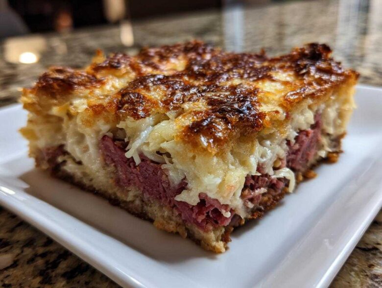 A thick, square slice of homemade Reuben bake featuring layers of corned beef, sauerkraut, and a deeply browned, cheesy topping.