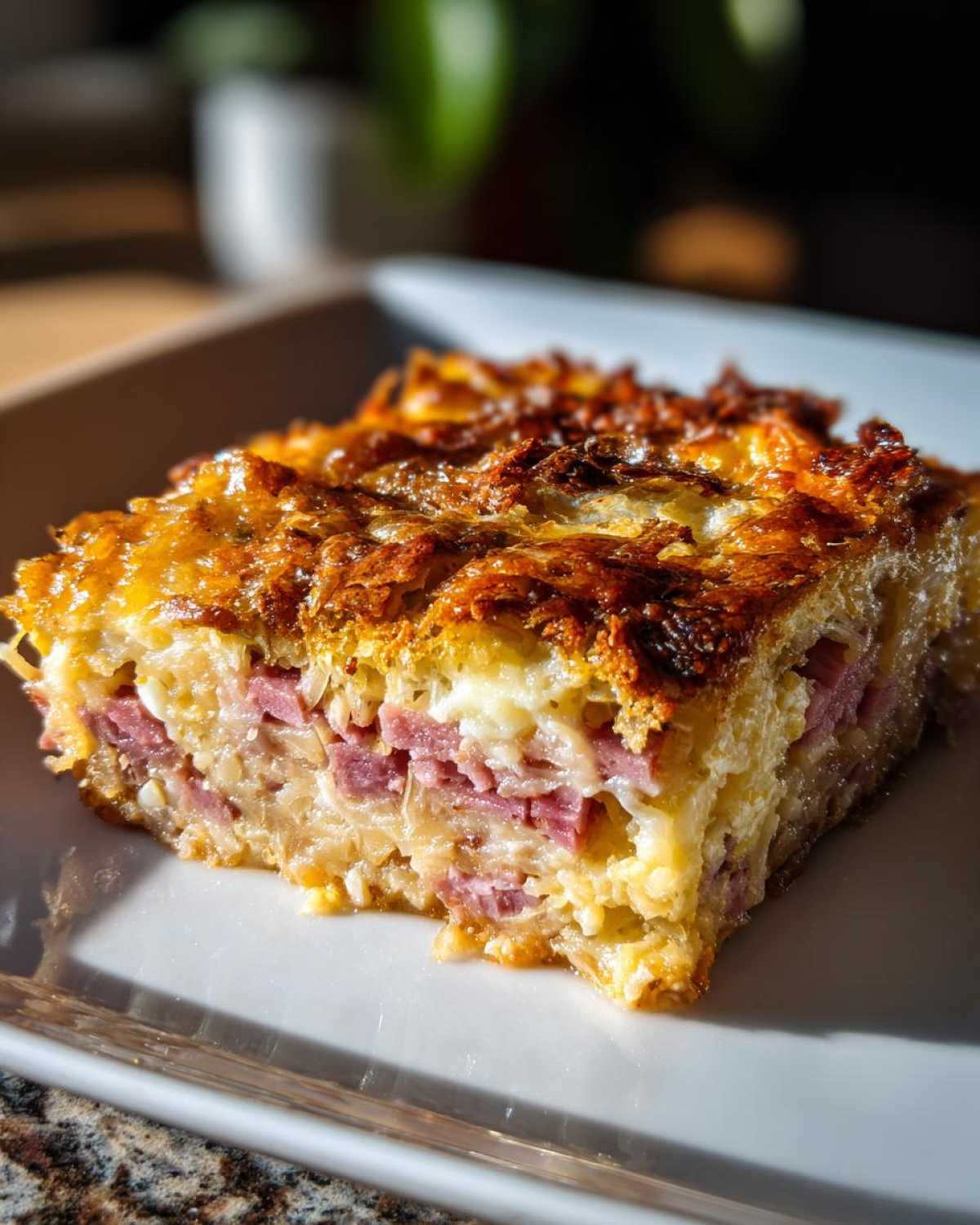 Close-up of a square slice of homemade Reuben bake showing layers of corned beef, cheese, and a crispy, golden-brown topping.
