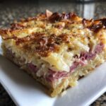 Close-up of a square slice of homemade Reuben bake showing layers of corned beef, sauerkraut, and melted cheese.