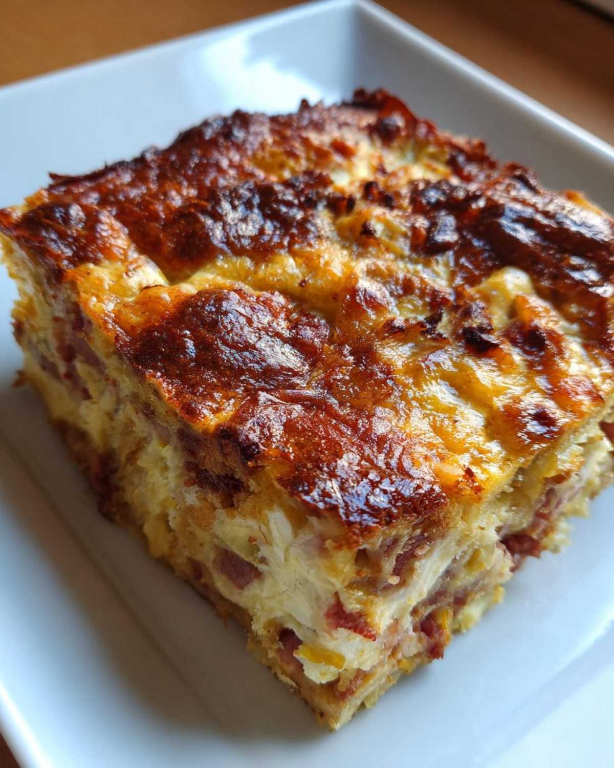 Close-up of a square slice of homemade Reuben bake with a deeply browned, cheesy top layer.