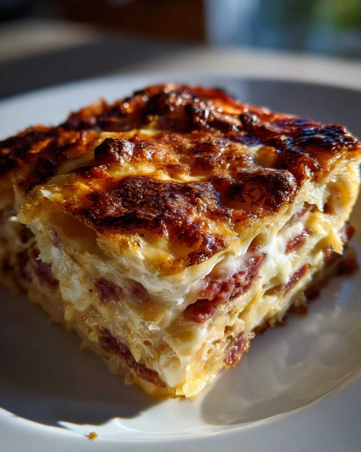 Close-up of a square slice of homemade Reuben bake with layers of meat, cheese, and a deeply browned, bubbly top.