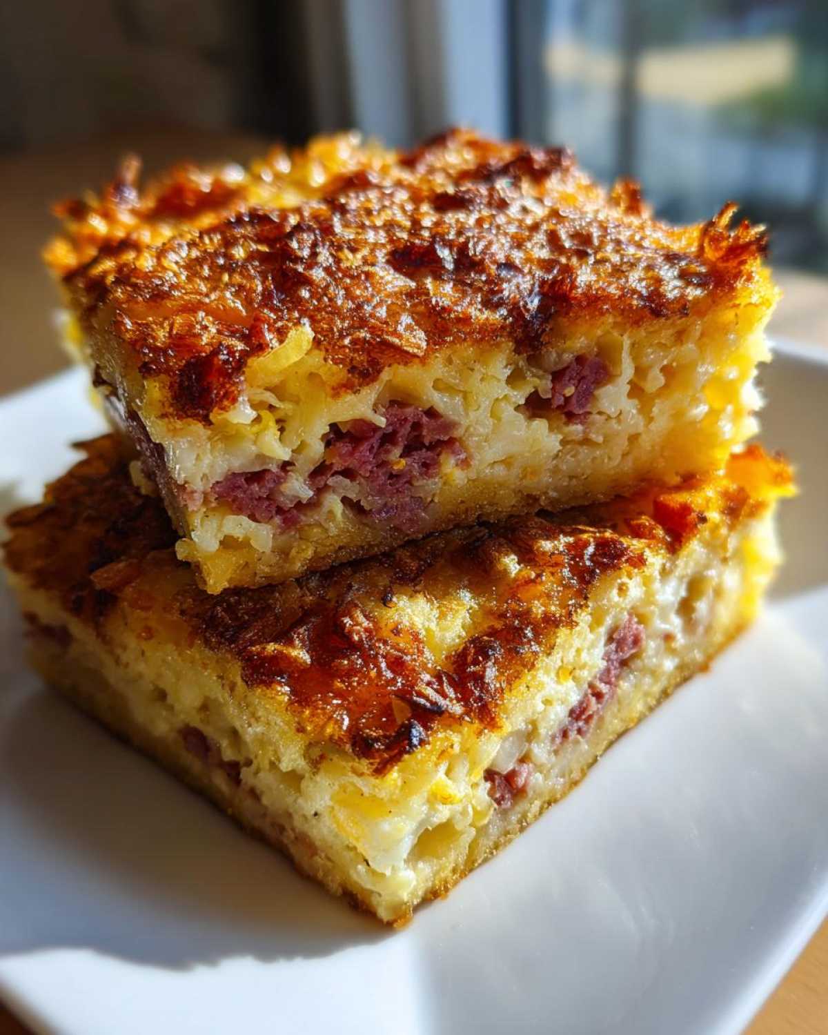 Two squares of golden brown homemade Reuben bake stacked on a white plate, showing layers of corned beef and creamy filling.