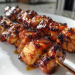 Close-up of three glossy, grilled honey garlic chicken skewers resting on a white plate.