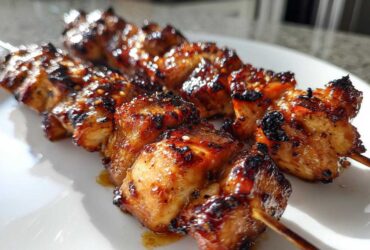 Close-up of three glossy, grilled honey garlic chicken skewers resting on a white plate.