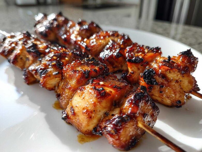 Close-up of three glossy, grilled honey garlic chicken skewers resting on a white plate.